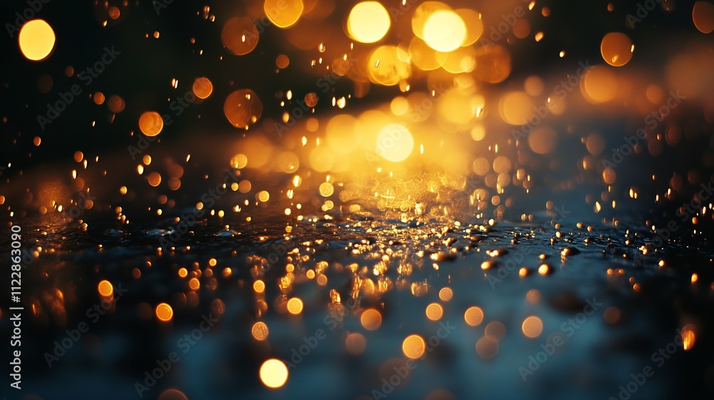 Poster golden bokeh and raindrops creating a magical and sparkling night atmosphere : generative ai