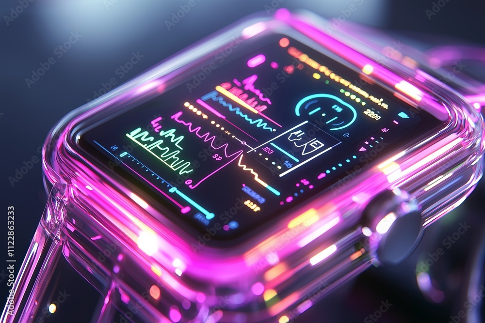 Poster a smartwatch with a glowing futuristic interface displaying health data in vibrant colors.