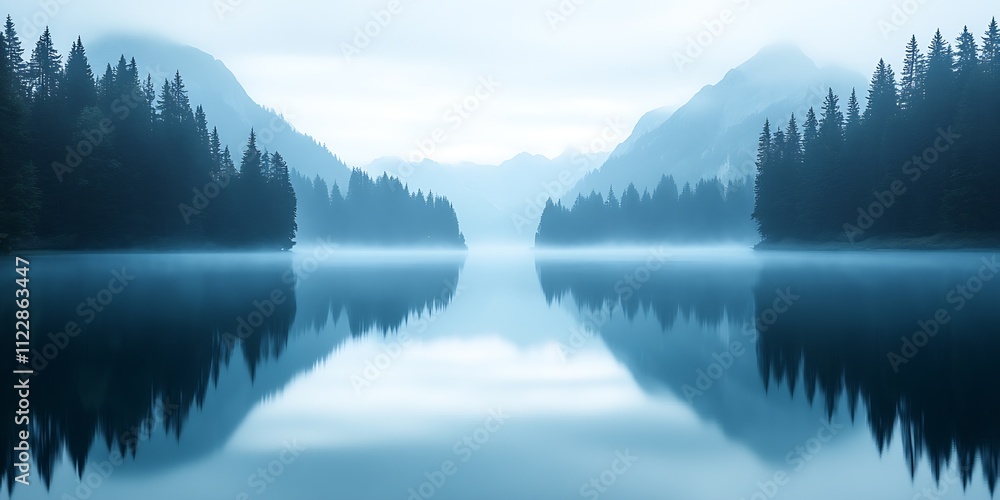 Poster tranquil misty alpine lake surrounded by pine forest and mountains at dawn : generative ai