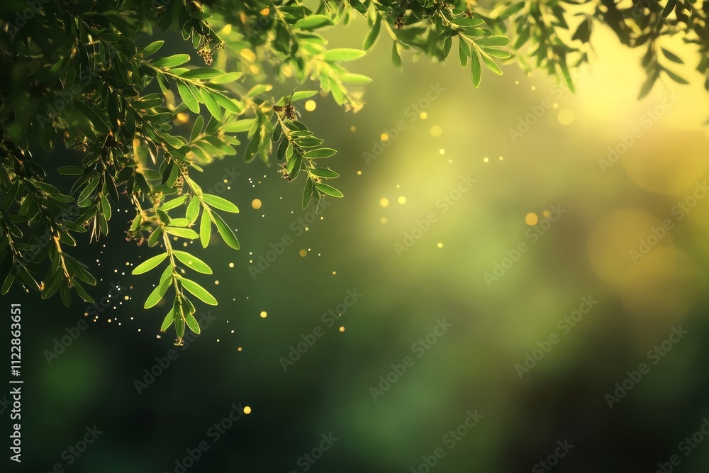 Poster serene greenery with sunlight and gentle bokeh effect creating a tranquil atmosphere in a lush natur