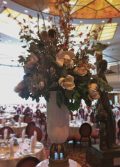 Formal and elegant ocean view Art Deco dining room restaurant onboard luxury cruiseship or cruise...