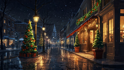 A snowy nighttime street scene. Christmas lights decorate buildings