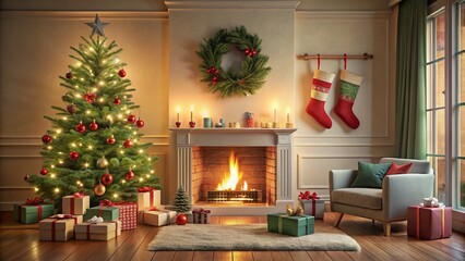 Obraz premium Cozy Christmas Fireplace Decorated With Stockings, Gifts, and a Beautifully Adorned Tree Creating a Warm and Inviting Holiday Atmosphere for Family Gatherings