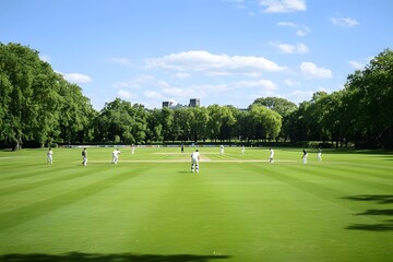Fototapeta premium Friends playing cricket on field