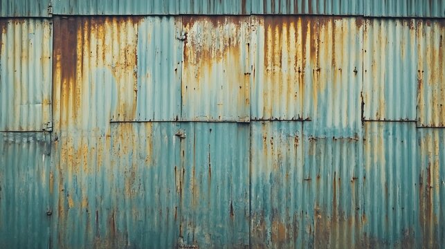 Rusted Blue Corrugated Metal Wall with Weathered Surface Patterns : Generative AI