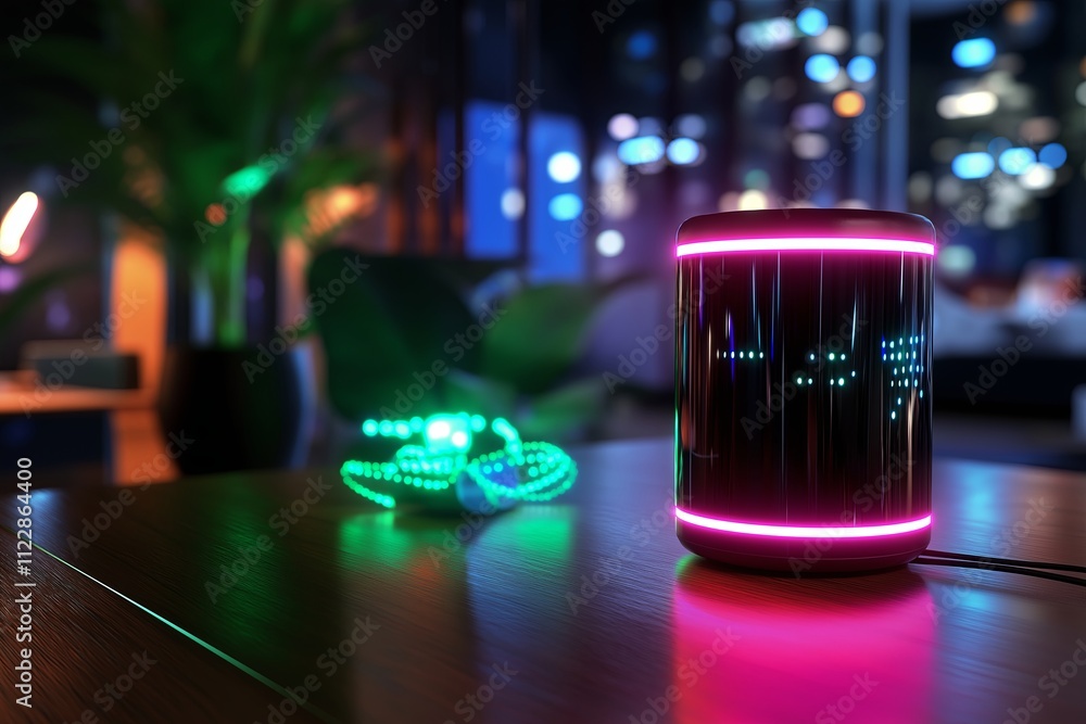 Poster a voice-activated virtual assistant device glowing as it listens to a command.
