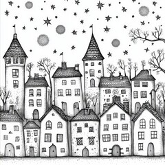 Obraz premium Whimsical Nighttime Village Hand-Drawn Black and White Illustration of Charming Houses Under a