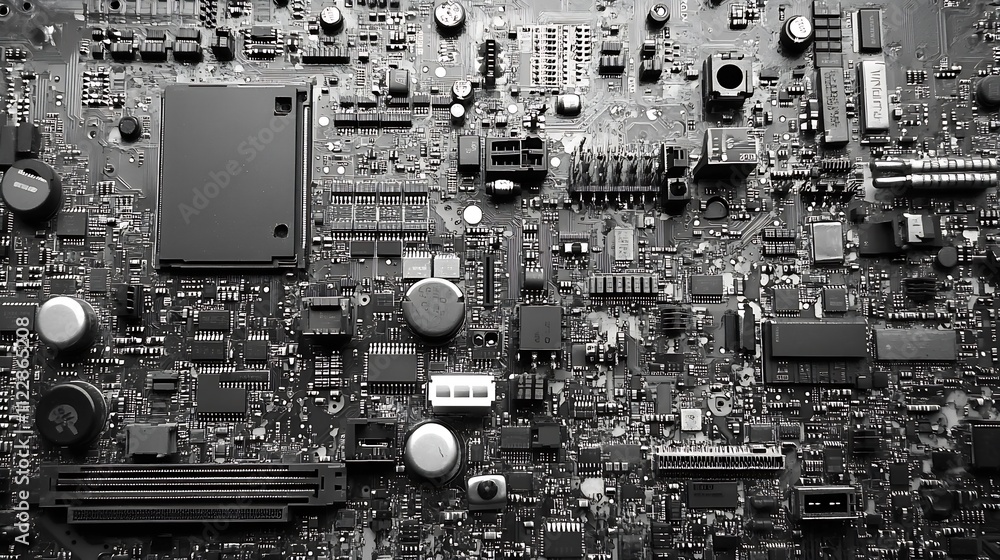 Aufkleber Closeup of Electronic Circuit Board with Numerous Components and Connectors Featuring a Complex Technical Design : Generative AI