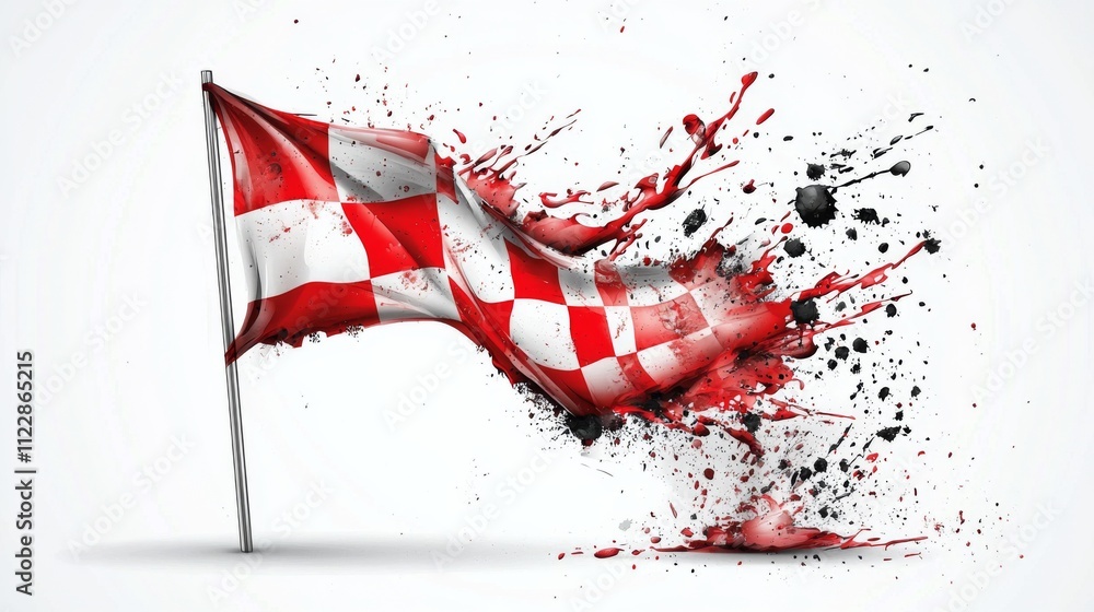 Poster artistic representation of a flag with splashes of red and black paint on a white background showcas