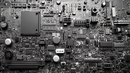 Fototapeta premium Closeup of Electronic Circuit Board with Numerous Components and Connectors Featuring a Complex Technical Design : Generative AI