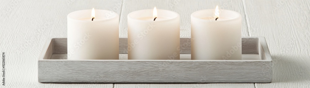 Poster a serene display of three white candles on a minimalist tray, ideal for creating a calming ambiance 