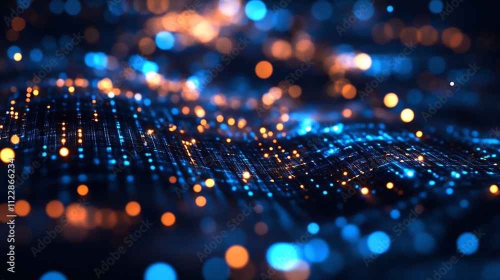 Poster Futuristic Digital Blue and Orange LED Light Patterns in Abstract Motion : Generative AI
