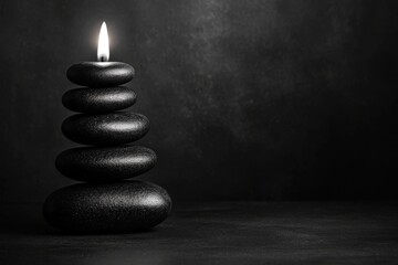 Obraz premium Serene Stacked Stones with a Single Flickering Candle on a Dark Background for Calmness, Meditation, and Relaxation Concepts in Wellness and Spa Themes