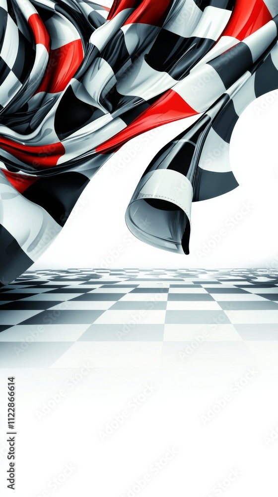 Poster colorful checkered fabric waves gracefully over a racing track in a dynamic display of movement and 