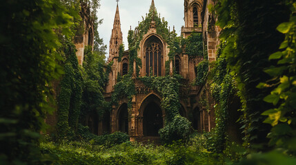 Obraz premium An ancient basilica overtaken by ivy, its spires lost in the dense growth.