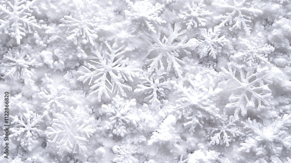 Poster closeup detail of snowflakes on a soft snow blanket background : generative ai