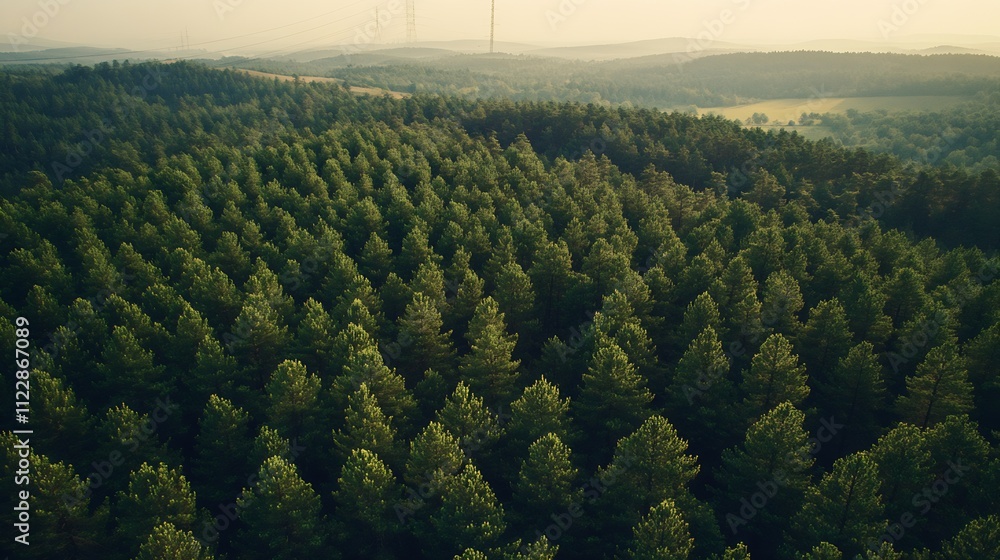 Poster drone view of expansive evergreen forest bathed in warm sunlight : generative ai