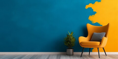 Stylish orange armchair with a blue and yellow accent wall in a modern interior, adding a vibrant touch to the space. house interior, arrangement ideas