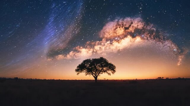 A tree stands in a field of grass with a sky full of stars. The scene is serene and peaceful, with the tree providing a sense of stability and grounding in the vastness of the sky