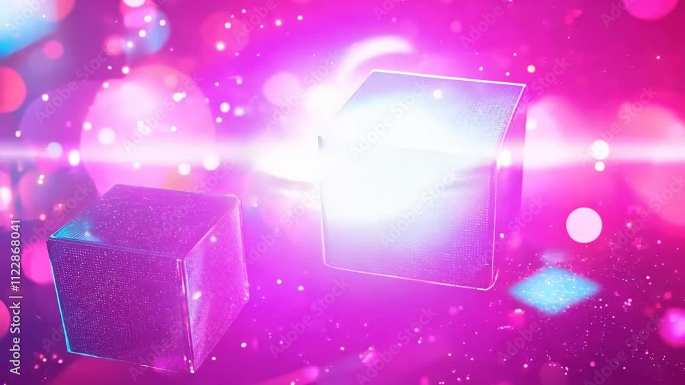 Poster a blue and pink background with three cubes in the foreground. the cubes are lit up and appear to be