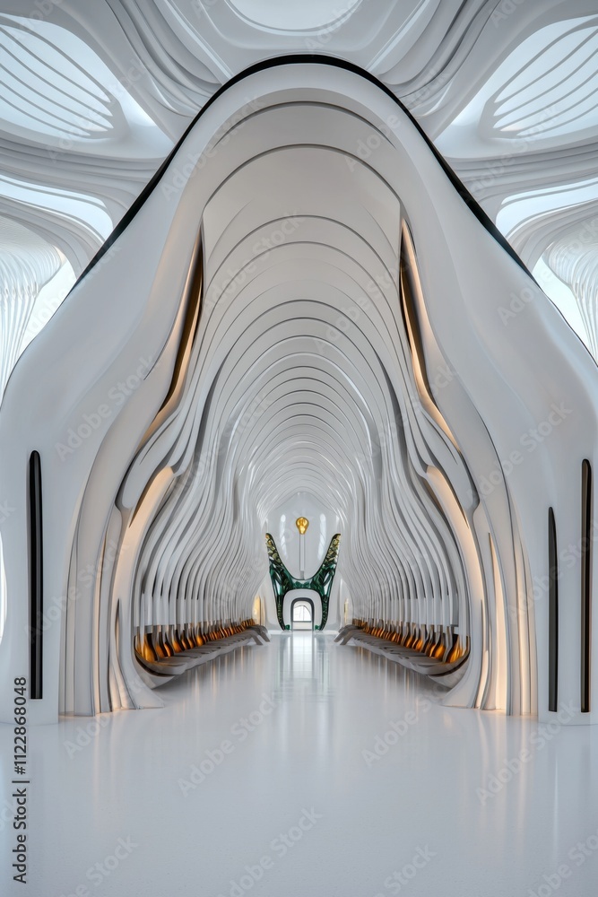 Poster Unique architectural design features a futuristic corridor with flowing forms and soft lighting elements