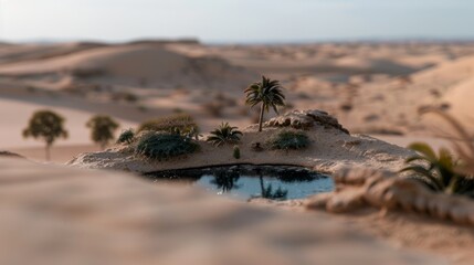 Obraz premium A tranquil oasis in a vast desert landscape with palm trees reflecting in the water, suggesting serenity amidst vastness.