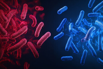 Abstract visualization, red and blue bacteria versus antibiotics in a clash-like composition