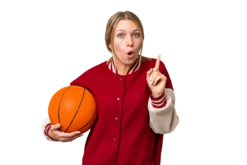 Young hispanic woman playing basketball over isolated white background intending to realizes the solution while lifting a finger up