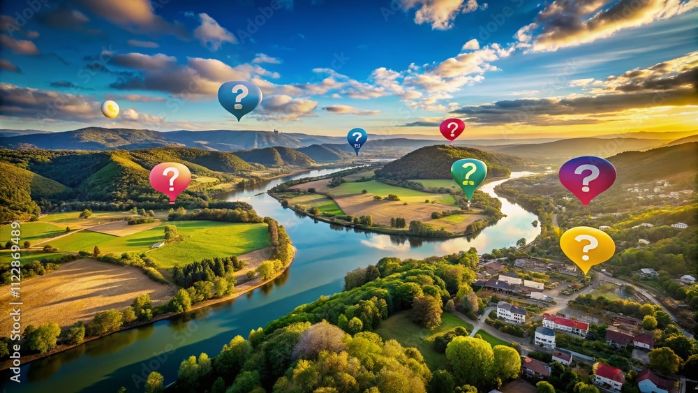 Aufkleber creative drone photography of colorful message bubbles with question marks against a scenic landscap