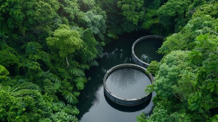 Overhead view of two circular water reservoirs nestled within a vibrant, dense green forest, highlighting the contrast between nature and human design.