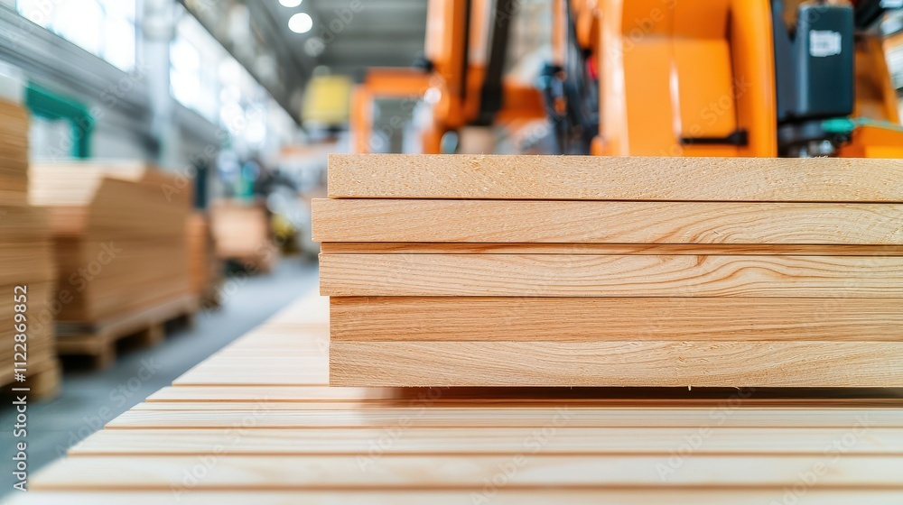Poster modern woodworking factory concept, automated material handling system moving stacks of wood in mode