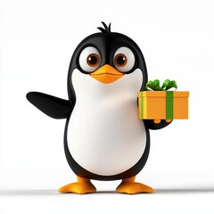 Obraz premium Cute cartoon 3d illustration of a happy penguin chick holding a tiny gift box with big glowing eyes, isolated white background