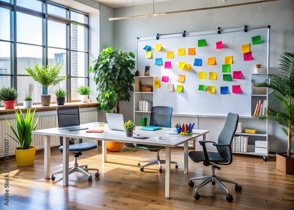 Poster creative workspace with whiteboard and documents showcasing brainstorming ideas and project planning