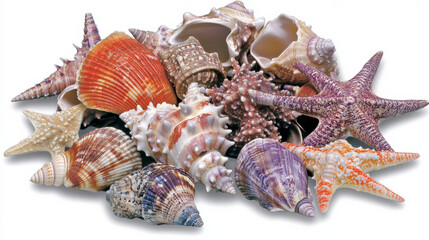 Obraz premium stunning collection of seashells and starfish arranged beautifully on white background, showcasing variety of colors and textures that evoke sense of coastal charm and natural beauty