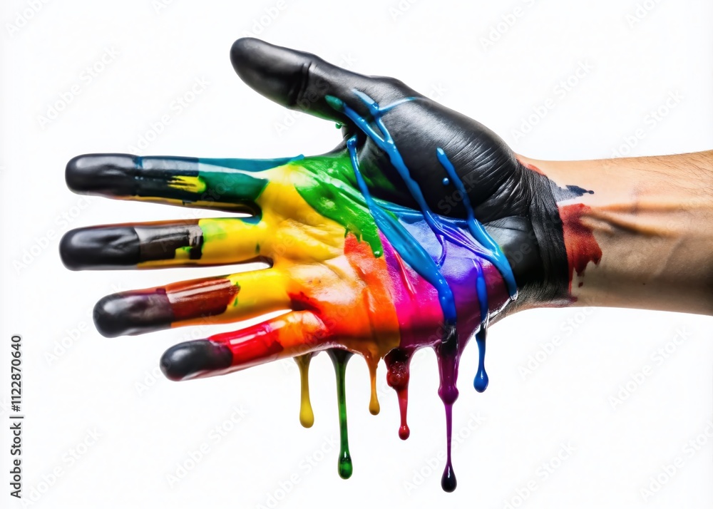 Poster cropped view of dripping black paint from hand on white background with ample copy space for creativ