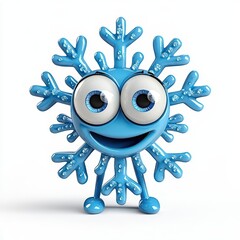 Cute cartoon 3d illustration of a snowflake with big sparkling eyes and a joyful smile, isolated white background