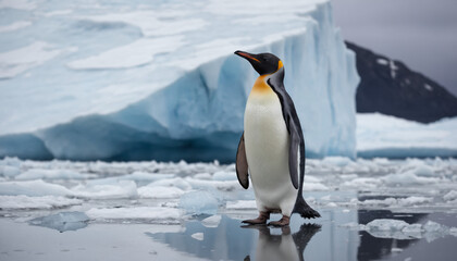 Fototapeta premium A penguin with a forlorn look, standing alone on a fractured ice sheet.