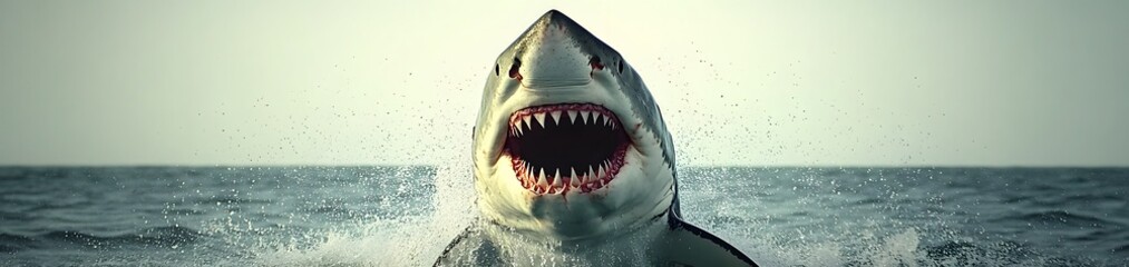 Naklejka premium A great white shark breaching the water, showcasing its teeth in a dramatic pose.