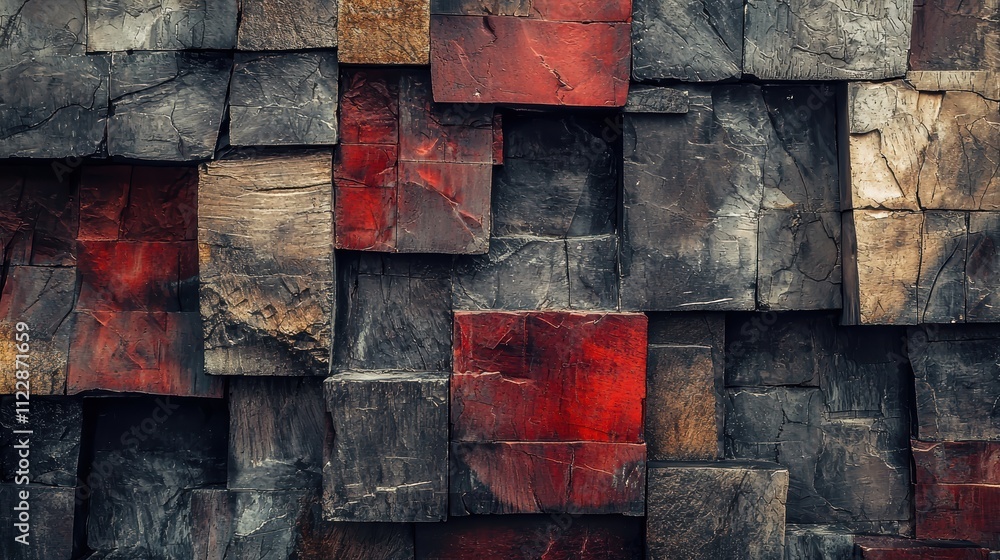 Poster textured wooden blocks in red and gray colors for background design