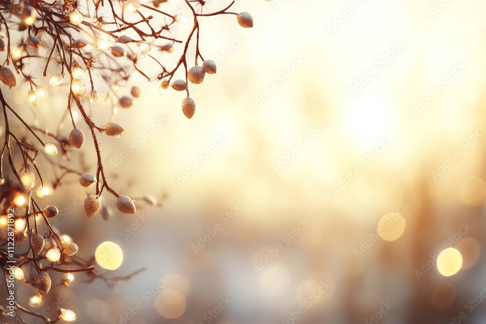 Poster soft glowing sunset illuminating frosted branches with dreamy bokeh background creating a serene win