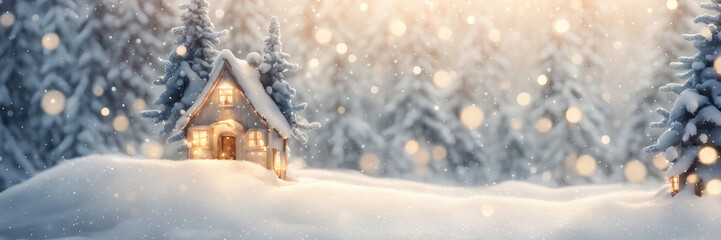 Christmas-themed desktop wallpapers, with free space for photos, with a side effect from festive lights, a small house in the corner against the background of snow-covered pines.