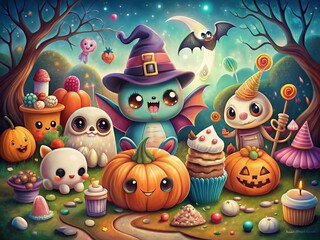 Naklejka premium Cute Halloween Stickers Bundle Featuring Adorable Characters, Spooky Elements, and Festive Treats for a Whimsical Holiday Celebration