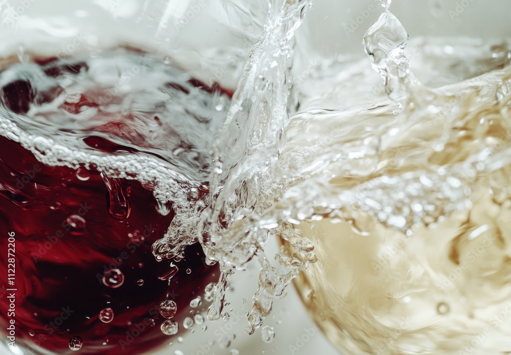 Poster fresh sparkling red and white wine splashing together in close-up, capturing the dynamic movement an