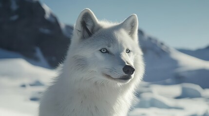 Naklejka premium Arctic wolf portrait in snowy mountains.