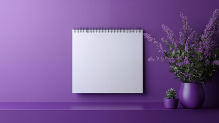 Fototapeta premium Minimalist Purple Workspace With Notebook and Lavender Decor Ele