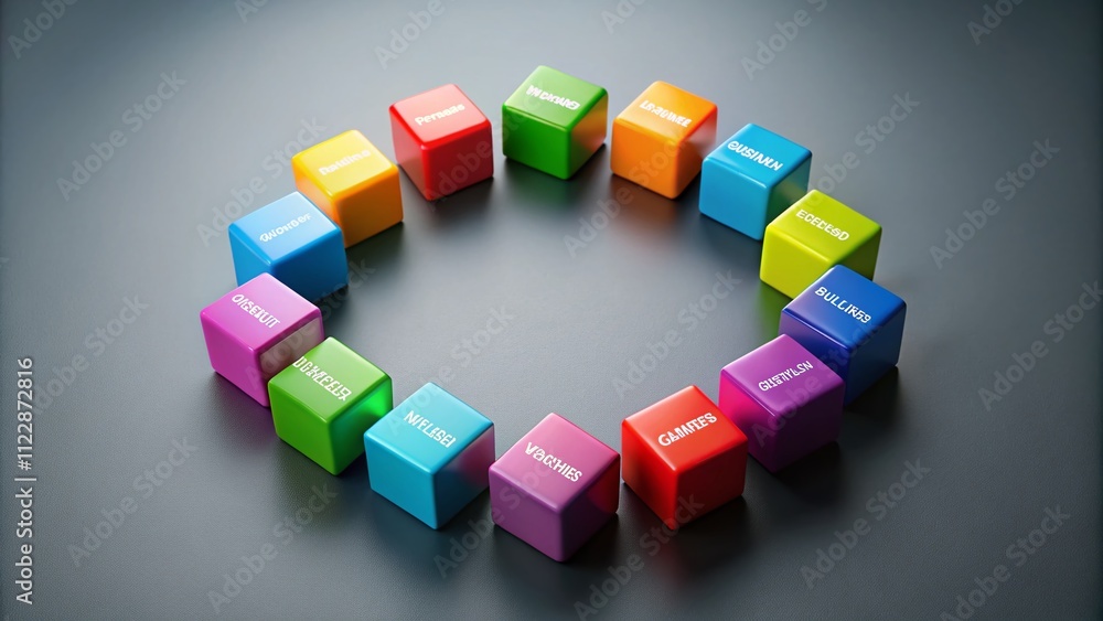 Poster cycle of business actions depicted with colorful cubes on a gray background representing strategic p