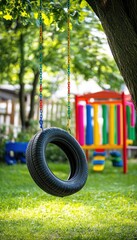 Tire Swing Hanging from Tree in Vibrant Outdoor Playground Setting