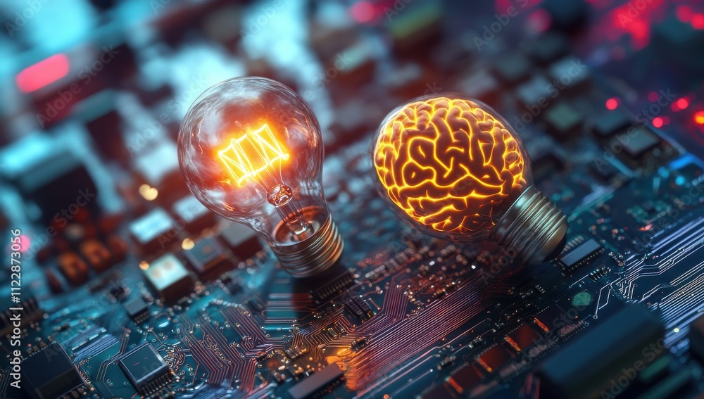 Poster futuristic concept of innovation and technology represented by light bulb and brain on circuit board