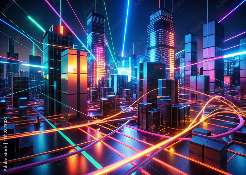 Poster dark and chaotic 3d rendering of neon lines against hdri cart background for unique graphic resource