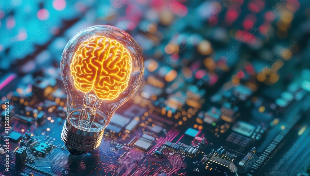 Poster futuristic concept of technology and innovation with a light bulb representing a brain on a circuit 